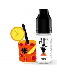 E-liquide Tuff Puff Tropical Punch avec un verre de cocktail illustré contenant une tranche d’agrume, des fruits rouges et une paille, dans un style cartoon éclatant.
