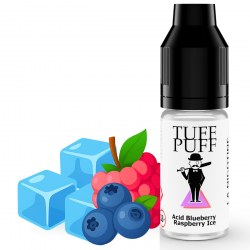 Blueberry Raspberry Ice e-liquide Tuff Puff mêlant myrtille acidulée, framboise et fraîcheur glacée, flacon de 10ml avec fruits et glaçons illustrés en style cartoon.