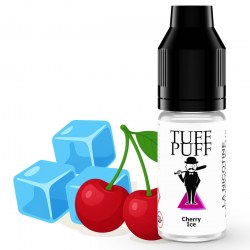 E-liquide Cherry Ice TUFF PUFF au goût de cerise glacée, flacon de 10ml présenté avec une cerise rouge brillante et des glaçons en illustration vectorielle pour évoquer la fraîcheur fruitée.