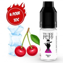 E-liquide Cherry Ice TUFF PUFF au goût de cerise glacée, flacon de 10ml présenté avec une cerise rouge brillante et des glaçons en illustration vectorielle pour évoquer la fraîcheur fruitée.