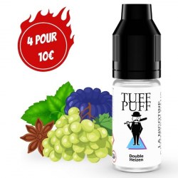 E-liquide Double Heizen TUFF PUFF 10ml, illustré avec du raisin vert, de la framboise bleue, de la menthe et une étoile de badiane, pour une vape fruitée, fraîche et légèrement anisée.