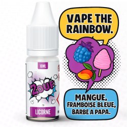E-liquide Licorne 2OUF - Mangue, framboise bleue et barbe à papa, design BD rétro coloré avec fruits et nuage de barbe à papa.
