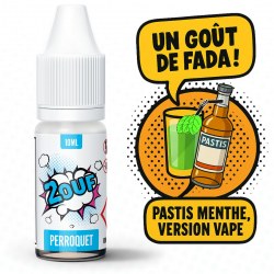 Flacon d’e-liquide 2OUF Perroquet avec illustration d’une bouteille de pastis et d’un verre de boisson verte à la menthe, accompagné des bulles BD "Un goût de fada !" et "Pastis menthe, version vape