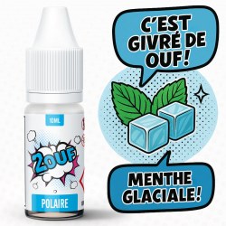 Flacon d’e-liquide 2OUF Polaire avec deux glaçons et des feuilles de menthe, accompagné des textes "C’est givré de ouf !" et "Menthe glaciale !"