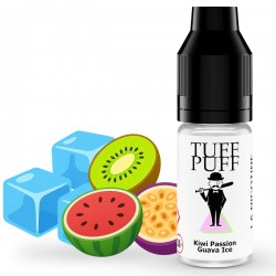 E-liquide Kiwi Passion Guava Ice TUFF PUFF 10ml, avec des glaçons et des fruits exotiques (kiwi, fruit de la passion, pastèque), pour une vape fruitée et rafraîchissante.