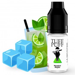 Flacon de e-liquide TUFF PUFF Menthol Mojito accompagné d’un cocktail mojito illustré avec des feuilles de menthe, des tranches de citron vert et des glaçons pour représenter une saveur fraîche et mentholée.