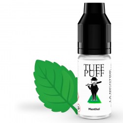 Flacon de e-liquide TUFF PUFF Menthol accompagné d’une grande feuille de menthe verte illustrée, et des glaçons représentant une saveur classique et rafraîchissante.