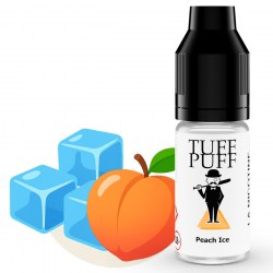 Flacon de e-liquide TUFF PUFF Peach Ice illustré avec une pêche juteuse et des glaçons, représentant une saveur fruitée et rafraîchissante.