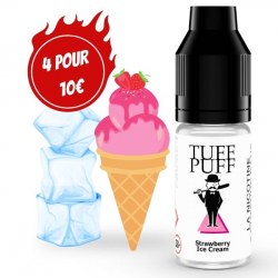  "E-liquide Tuff Puff Strawberry Ice Cream avec une glace à la fraise et des glaçons en illustration cartoon."