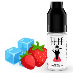 E-liquide Tuff Puff Sweet Strawberry Ice avec des fraises fraîches et des glaçons illustrés en style cartoon.