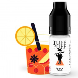 E-liquide Tuff Puff Tropical Punch avec un verre de cocktail illustré contenant une tranche d’agrume, des fruits rouges et une paille, dans un style cartoon éclatant.