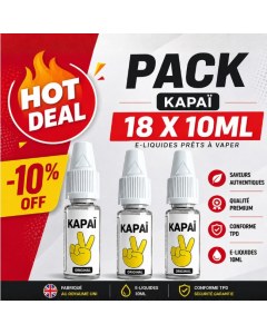Pack e-liquide pas cher Kapai 18x10ml original, promo -10%, e-liquides fabriqués au Royaume-Uni, qualité premium conforme TPD