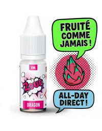 E-liquide Dragon 2OUF - Arôme fruit du dragon, visuel BD rétro avec pitaya rose et bulles colorées.