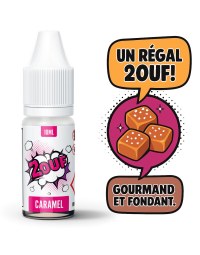 E-liquide 2OUF saveur caramel beurre salé avec bulles colorées style BD et flacon 10ml en avant-plan.