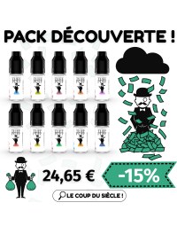 Image d’un pack découverte TUFF PUFF comprenant 10 flacons de e-liquides de 10 ml, avec visuel BD du personnage emblématique sous une pluie de billets. Prix affiché à 24,65 € avec une réduction de -15 %, accompagné du slogan “Le coup du siècle !”.