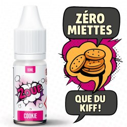 Flacon d'e-liquide 2OUF Cookie avec illustration de cookies et bulles de texte humoristiques "Zéro miettes. Que du kiff." en style BD rétro.