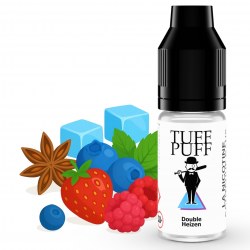 E-liquide Double Heizen TUFF PUFF 10ml, illustré avec du raisin vert, de la framboise bleue, de la menthe et une étoile de badiane, pour une vape fruitée, fraîche et légèrement anisée.