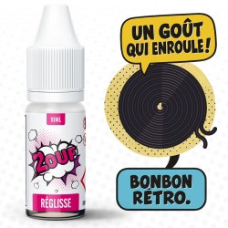 Flacon d'e-liquide 2OUF Réglisse avec illustration d'une roulette de réglisse noire et bulles de texte humoristiques "Un goût qui enroule !" et "Bonbon rétro." en style BD.