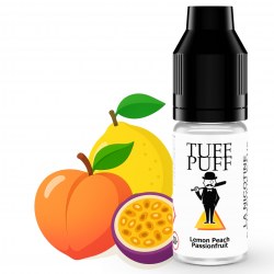 E-liquide Lemon Peach Passionfruit TUFF PUFF 10ml, avec des illustrations de citron, pêche et fruit de la passion, pour une expérience fruitée et exotique.