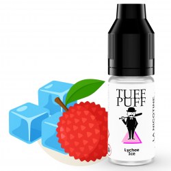 E-liquide Lychee Ice TUFF PUFF 10ml, illustré avec un litchi rouge juteux et des glaçons bleus, évoquant une saveur exotique et fraîche.