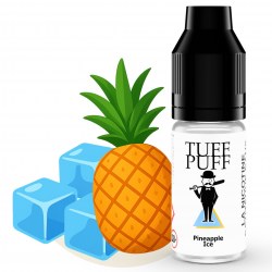 Flacon de e-liquide TUFF PUFF Pineapple Ice accompagné d’un ananas entier et de glaçons, illustrant une saveur tropicale glacée.