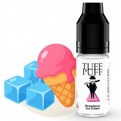"E-liquide Tuff Puff Strawberry Ice Cream avec une glace à la fraise et des glaçons en illustration cartoon."