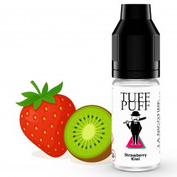 E-liquide Tuff Puff Strawberry Kiwi accompagné de fraises et de kiwis illustrés en style cartoon.