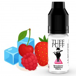 E-liquide Tuff Puff Strawberry Raspberry Cherry avec des glaçons, des fraises, des framboises et une cerise illustrées en style cartoon.