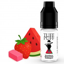 E-liquide Tuff Puff Strawberry Watermelon Bubblegum avec des fraises, une pastèque et des boules de chewing-gum roses en illustration cartoon