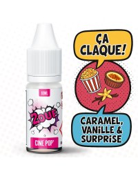 E-liquide 2OUF goût CINE POP avec des arômes de caramel, vanille et une note surprise – visuel style BD coloré.
