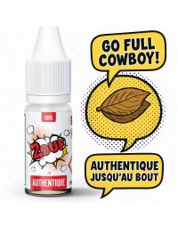 Flacon d’e-liquide 2OUF Authentique avec une feuille de tabac illustrée façon BD, accompagné des bulles de texte "Go full cowboy!" et "Authentique jusqu’au bout"