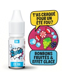 Flacon d'e-liquide 2OUF Été Fou avec des illustrations de bonbons fruités et glaçons dans un style BD pop art. Saveur sucrée et effet glacé.