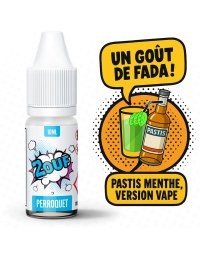 Flacon d’e-liquide 2OUF Perroquet avec illustration d’une bouteille de pastis et d’un verre de boisson verte à la menthe, accompagné des bulles BD "Un goût de fada !" et "Pastis menthe, version vape