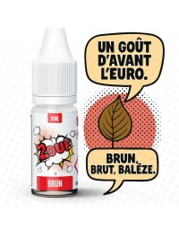 Image promotionnelle de l’e-liquide 2OUF saveur tabac brun. Le flacon de 10 ml est mis en scène avec des bulles BD disant "Un goût d’avant l’euro." et "Brun, brut, balèze." accompagnées d’une feuille de tabac illustrée sur fond rouge rétro.