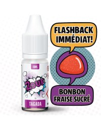 Image produit de l’e-liquide 2OUF saveur Tagada, avec une bouteille de 10 ml illustrée en style BD. Les bulles de texte indiquent "Flashback immédiat." et "Bonbon fraise sucré" accompagnées d’un bonbon rouge en forme de fraise.