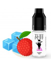E-liquide Lychee Ice TUFF PUFF 10ml, illustré avec un litchi rouge juteux et des glaçons bleus, évoquant une saveur exotique et fraîche.