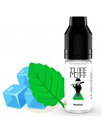 Flacon de e-liquide TUFF PUFF Menthol accompagné d’une grande feuille de menthe verte illustrée, et des glaçons représentant une saveur classique et rafraîchissante.