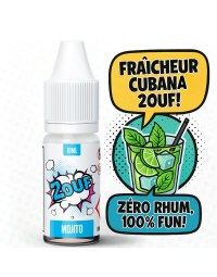 Image promotionnelle de l’e-liquide 2OUF saveur Mojito, avec une bouteille de 10 ml et des bulles de texte style BD indiquant : "Fraîcheur cubano 2OUF ! Zéro rhum, 100% fun !" – accompagnée d’illustrations de menthe, citron vert et glaçons.