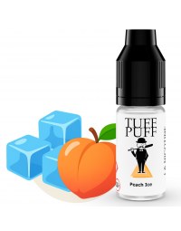 Flacon de e-liquide TUFF PUFF Peach Ice illustré avec une pêche juteuse et des glaçons, représentant une saveur fruitée et rafraîchissante.