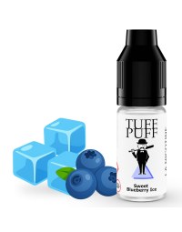 Blueberry Ice e-liquide Tuff Puff au goût de myrtille sucrée et fraîcheur glacée, flacon de 10ml illustré avec des myrtilles et des glaçons en style cartoon.