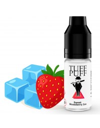 E-liquide Tuff Puff Sweet Strawberry Ice avec des fraises fraîches et des glaçons illustrés en style cartoon.