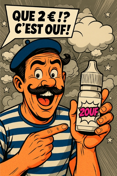 Illustration pop art d’un Français moustachu en marinière, s’exclamant 'Que 2 € !? C’est ouf !' en tenant un flacon de e-liquide 2OUF pas cher