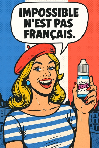 Illustration pop art d’une femme en marinière et béret rouge devant le drapeau français, tenant un flacon de e-liquide 2OUF avec le slogan Impossible n’est pas français