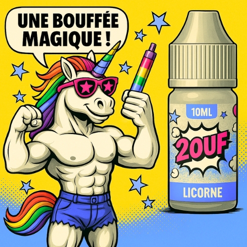 Illustration pop art humoristique d’une licorne bodybuildée tenant une cigarette électronique arc-en-ciel, avec un flacon de e-liquide 2OUF Licorne 10ml et le slogan "Une bouffée magique !"