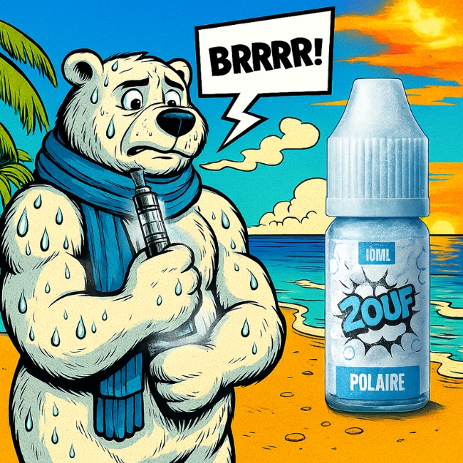 Ours polaire en sueur avec une écharpe, tenant une cigarette électronique, bulle « Brrr ! » et flacon Polaire givré.