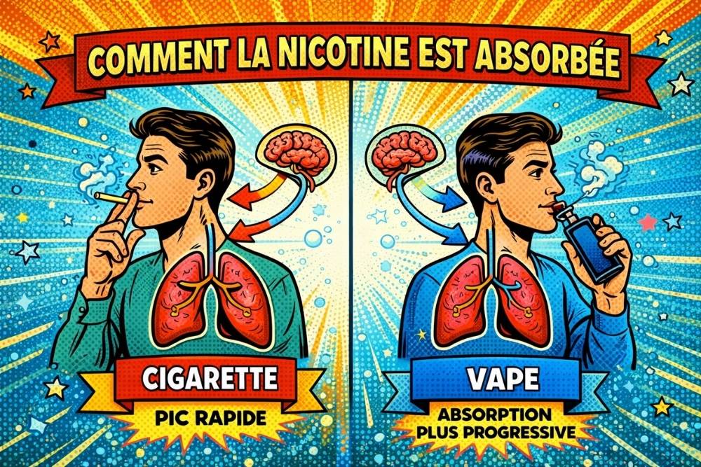 Schéma comparatif de l’absorption de la nicotine entre cigarette traditionnelle et cigarette électronique