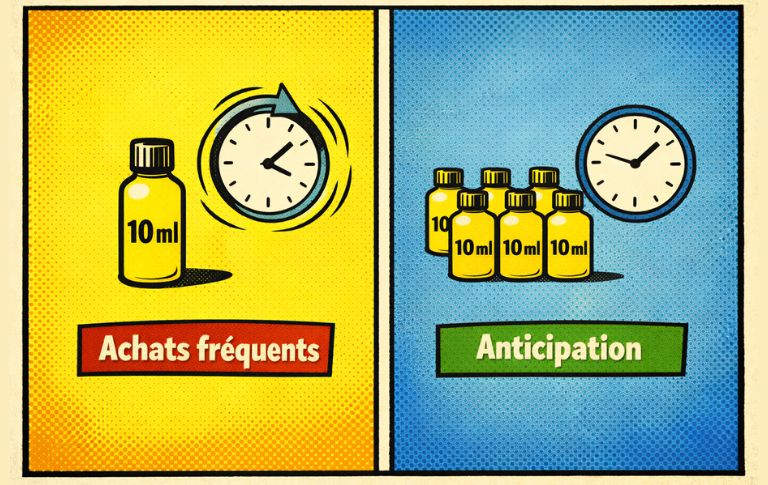 Illustration p&eacute;dagogique en style bande dessin&eacute;e comparant des achats fr&eacute;quents de e-liquide &agrave; une anticipation des besoins avec plusieurs flacons de 10 ml, afin d&rsquo;expliquer l&rsquo;impact sur la gestion du budget.