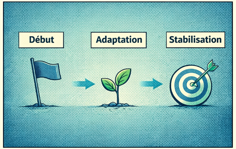 Illustration p&eacute;dagogique en style bande dessin&eacute;e expliquant le processus d&rsquo;adaptation &agrave; un taux de nicotine plus faible