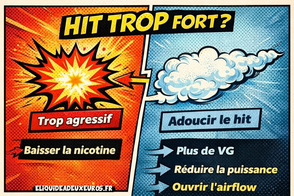 Illustration comparative en style comic expliquant comment adoucir un hit trop fort en cigarette &eacute;lectronique : baisser la nicotine, augmenter le VG, r&eacute;duire la puissance et ouvrir l&rsquo;airflow.
