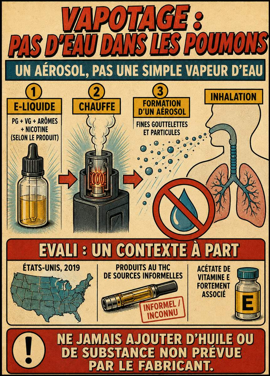 Infographie expliquant la différence entre aérosol, vapeur d’eau et EVALI dans le contexte du vapotage